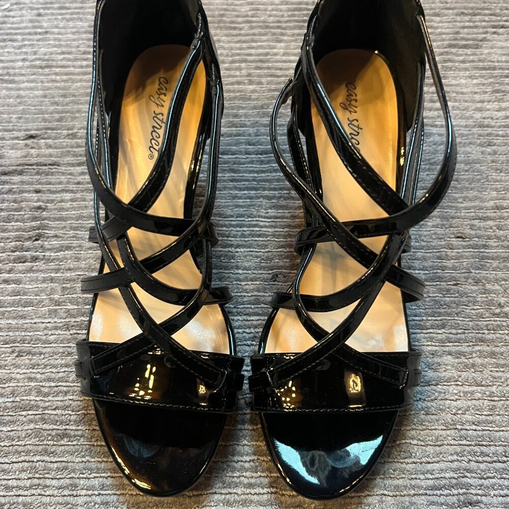 Easy Street Strappy Zipper Back Black Chunky Heels Sandals 11w Women's 9.5m Mens
